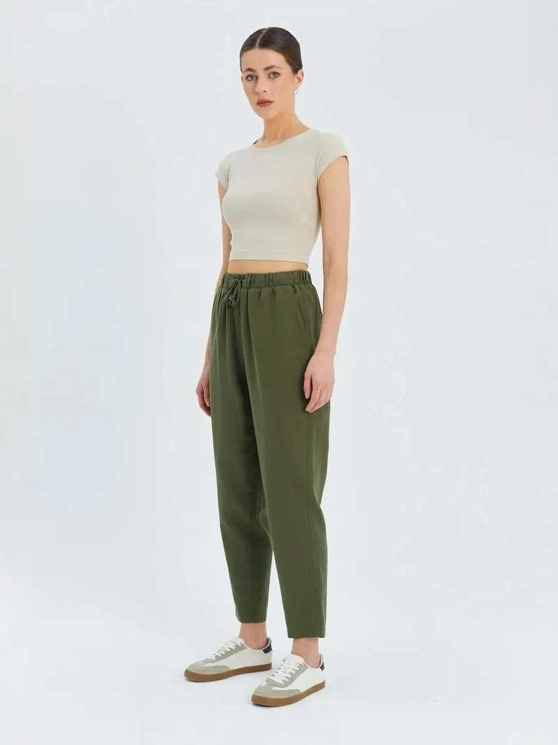 MixRay Khaki Green Mixray High Waist Pants with Drawstring for Women | Best Price UAE